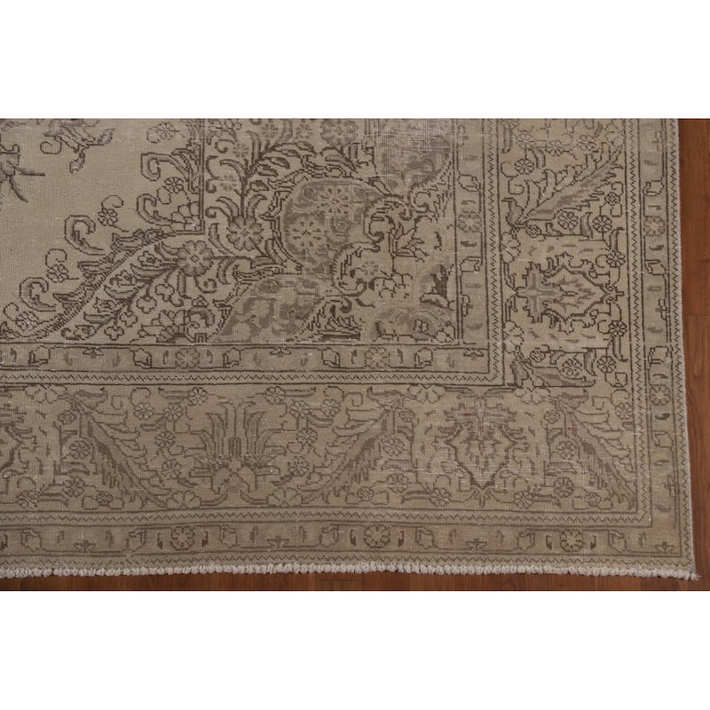 Distressed Tabriz Persian Vintage Beige Rug Hand-knotted Wool Carpet - 8'4" x 10'10"