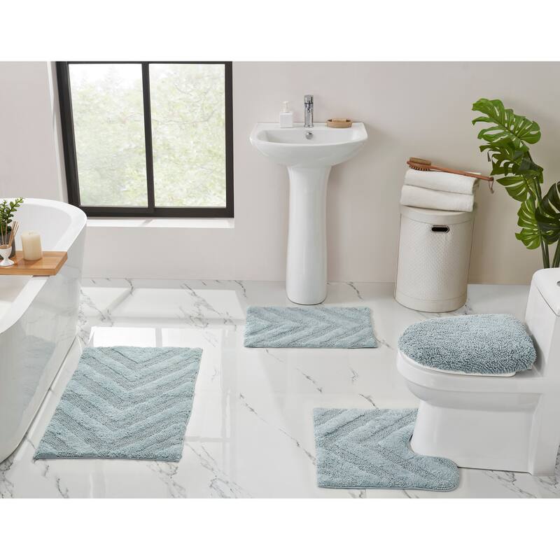 Better Trends Hugo Collection 100% Cotton Tufted Bath Rugs with Chevron Patterns, High Absorbency, Anti-Skid, Easy to Clean - 4 Piece Set (17"x24"|18"x20"|20"x20"|21"x34") - Blue
