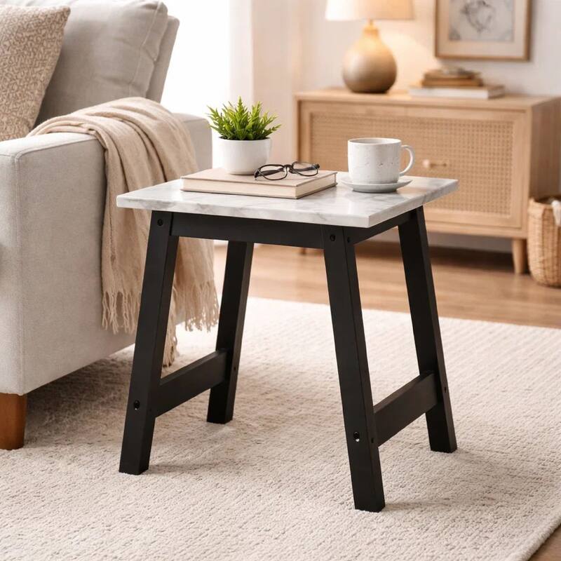 Oz 19 Inch Modern End Table with Faux Marble Finished Tabletop, Black
