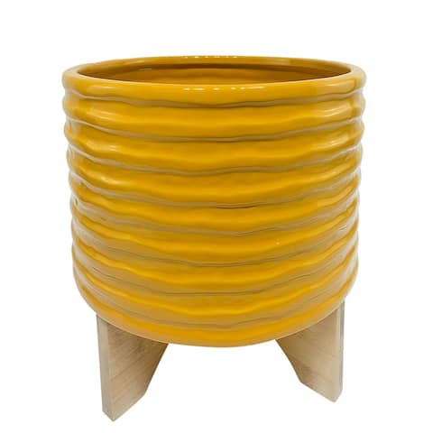 Ceramic, 8" Textured Planter with Stand, Mustard - 8" x 8" x 7"
