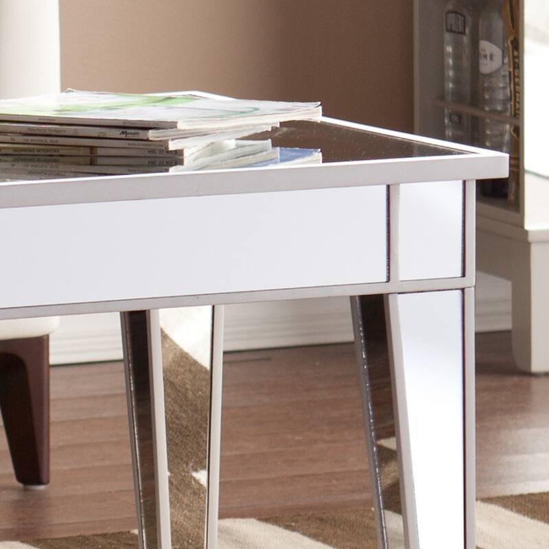 Decorative Silver Metal Glass Coffee Table Rectangular Mirrored Top for Glam Home Interiors - 42.25”L x 23.75”W x 20”H