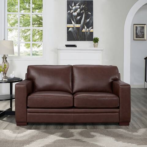 Hydeline Dillon Top Grain Leather Loveseat With Feather, Memory Foam and Springs