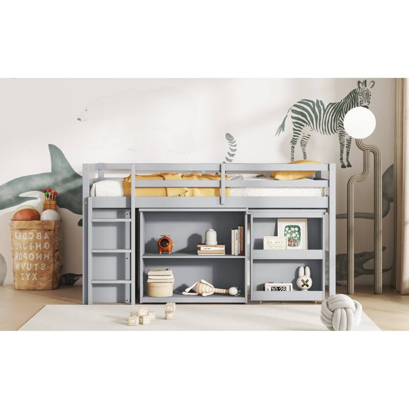 Roomfitters Twin Rubber Wood Loft Bed with Storage Cabinets and Pull-Out Desk, Safety Guardrail and Ladder