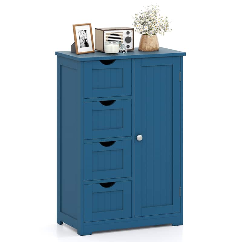 Gymax Wooden 4 Drawer FreeStanding Bathroom Floor Cabinet Storage - Blue - Matte