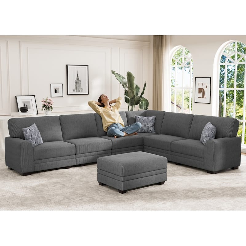7 Piece Modular Corduroy Sectional With Ottoman