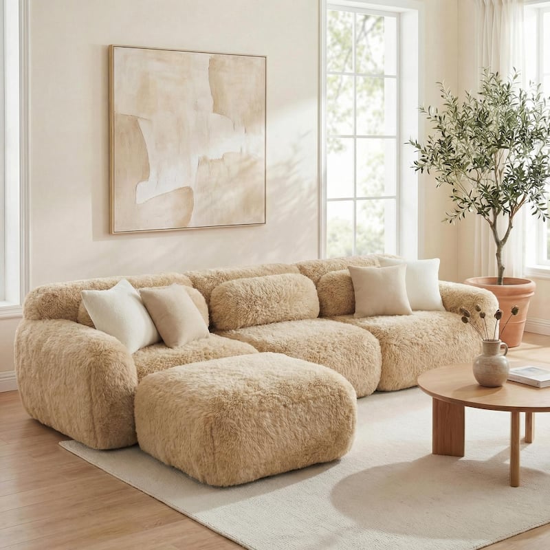 Homy Casa Light Khaki Modular Sectional Sofa, Soft Plush Fabric Cloud Couch with Anti-Slip Base & Decorative Pillows
