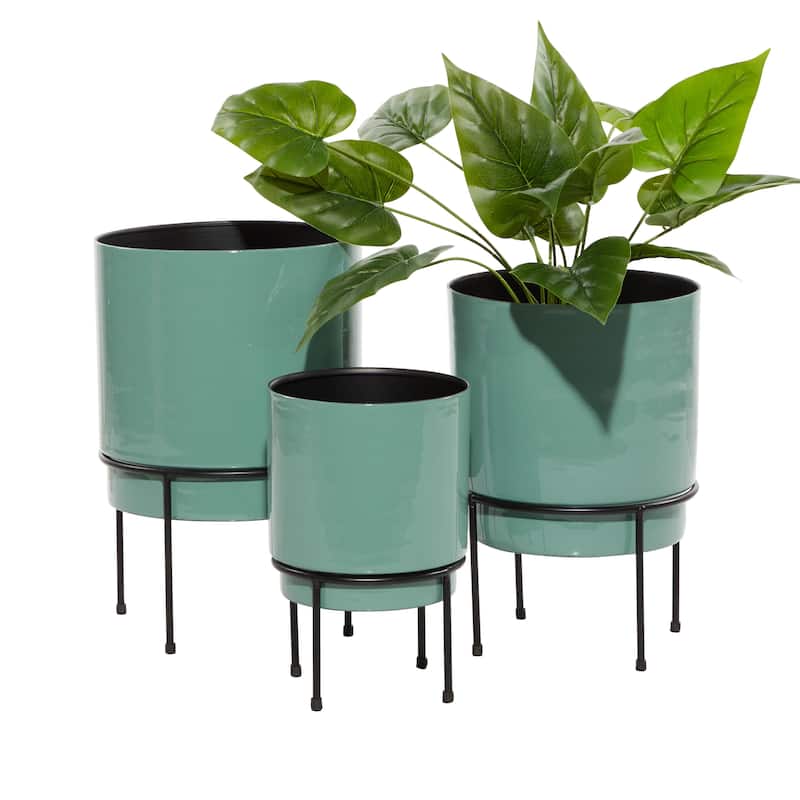 Metal Indoor Outdoor Planter with Removable Black Stand - Set of 3 Gray or Teal - Roche River Decor - Teal
