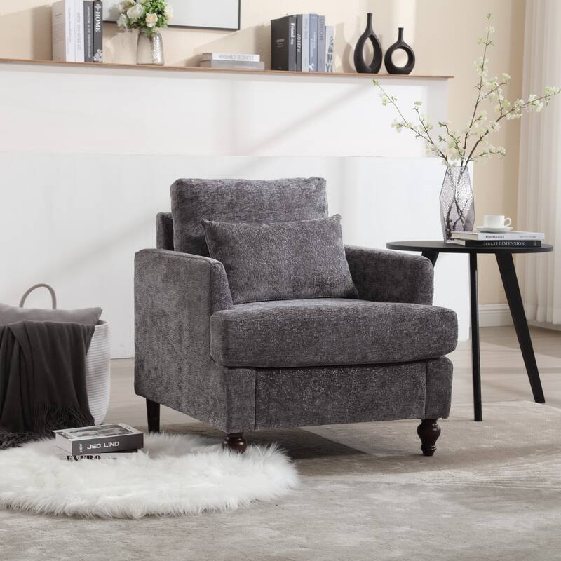 Gray Modern 29.53" Chenille Upholstered Arm Chair with Solid Wood Frame and Pillows - Gray
