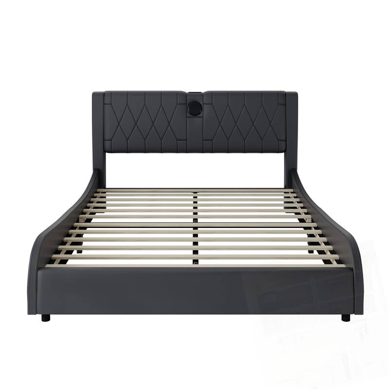 Luxurious Faux Leather Upholstered Platform Bed with Bluetooth Speakers and RGB LED Light