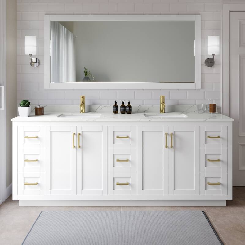 Wyndham Collection WCF292984D-QTZ-UNSMXX Miranda 84" Free Standing - White / Giotto Quartz Top / Brushed Gold Hardware