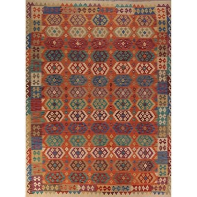Orange Kilim Reversible Area Rug Hand-Woven Tribal Wool Carpet - 8'4"x 11'2"