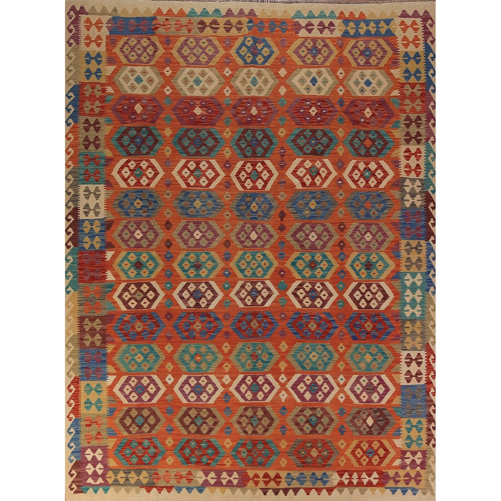 Orange Kilim Reversible Area Rug Hand-Woven Tribal Wool Carpet - 8'4"x 11'2"