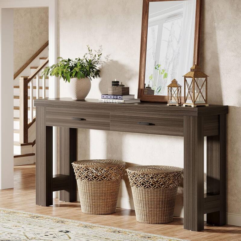 63 Inches Console Table with 2 Drawers, Wood Entryway Table with H-Shaped Legs - Grey