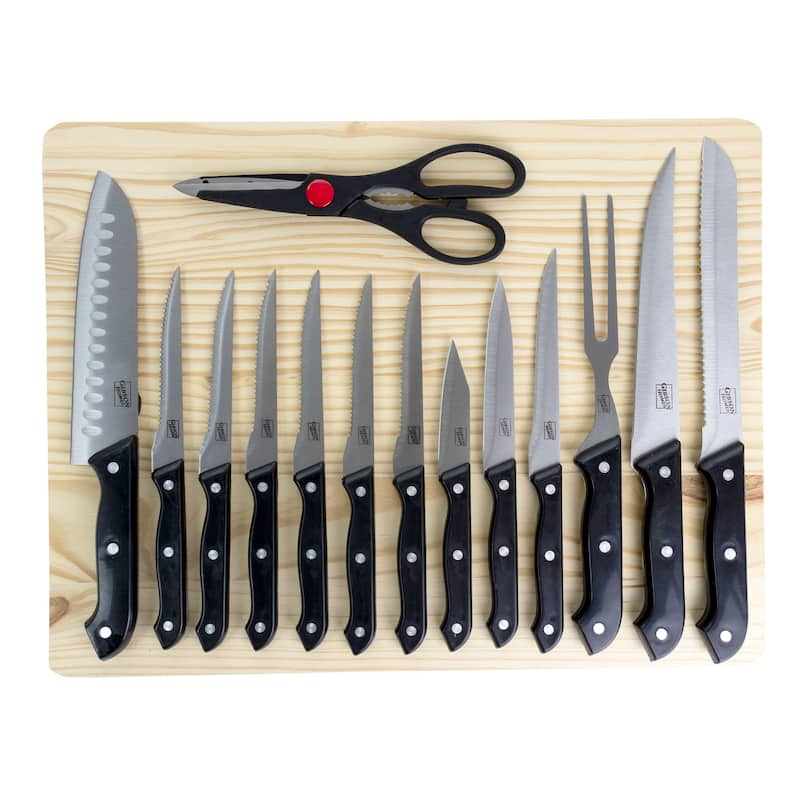 Gibson Home Wildcraft 15Pc SS Cutlery Set with Pine Wood Cutting Board - Black