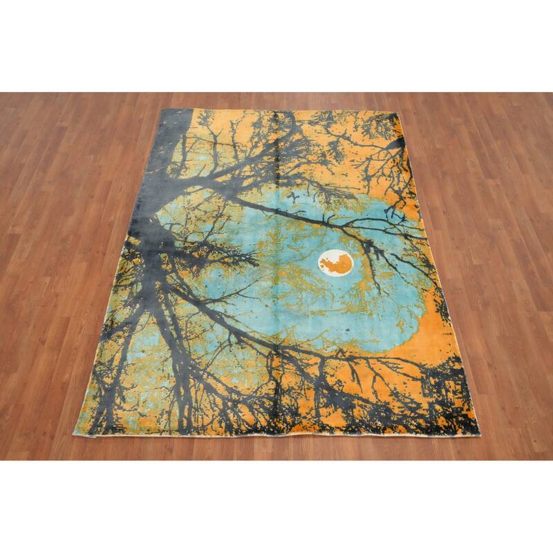 Hand Knotted Oriental Viscose Silk Carpet Modern Pictorial Multi-Colored Abstract Area Rug - 7' 8'' X 5' 7''