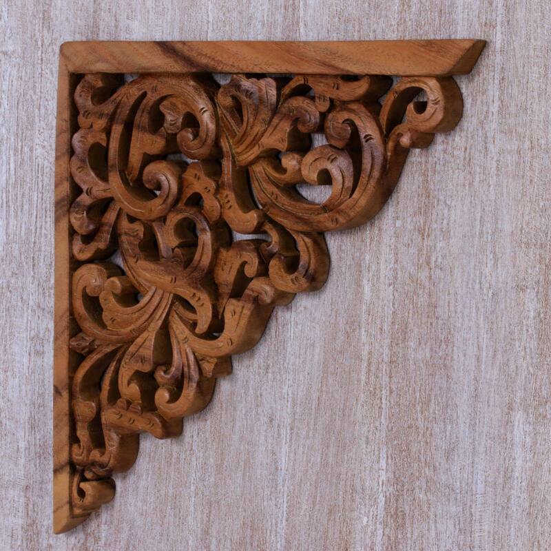 Handmade Forest Corner Wood relief panel(Indonesia) - 11.5" H x 11.5" W x 0.8" D