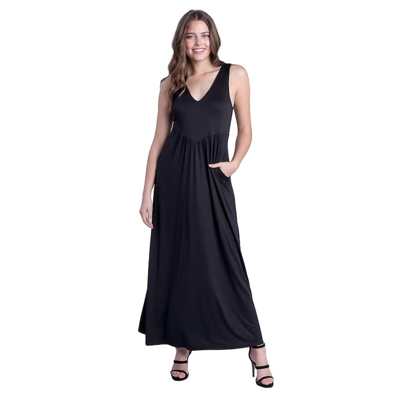 24seven Comfort Apparel Sleeveless V Neck Maxi Dress with Pocket Detail - Black - XL