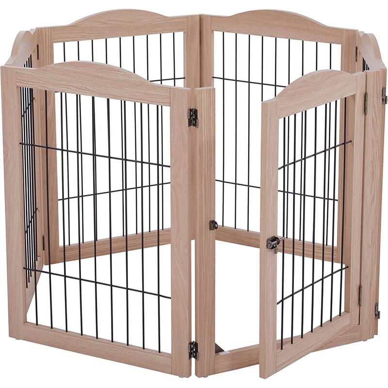 Arf Pets Freestanding Dog Gate with Door, Wooden Foldable Pet Gate