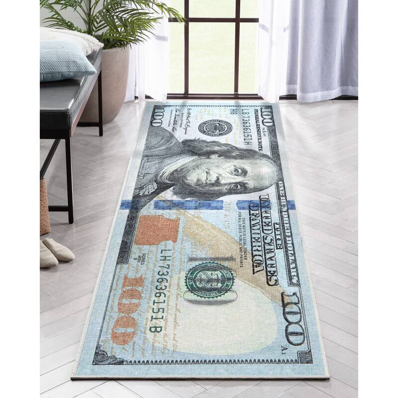 Well Woven Money Dollar Front Novelty Machine Washable Area Rug