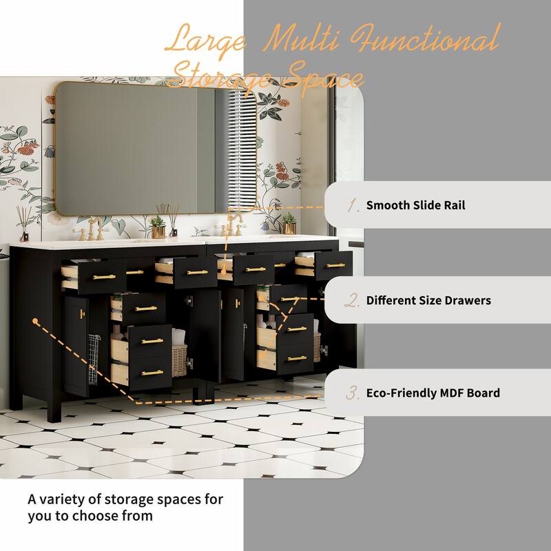 72" Bathroom Vanity with Ceramic Sink, Freestanding Double Cabinet with 8 Drawers, Solid Wood Frame & Storage