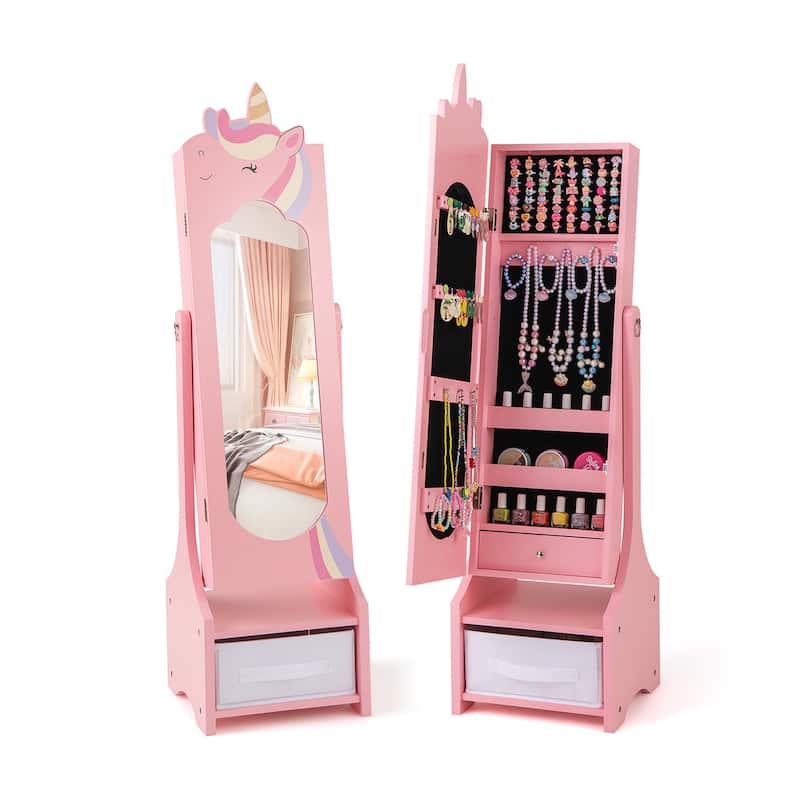 Gymax Kids Jewelry Cabinet w/ Full-Length Mirror 2 Adjustable Tilt - Pink