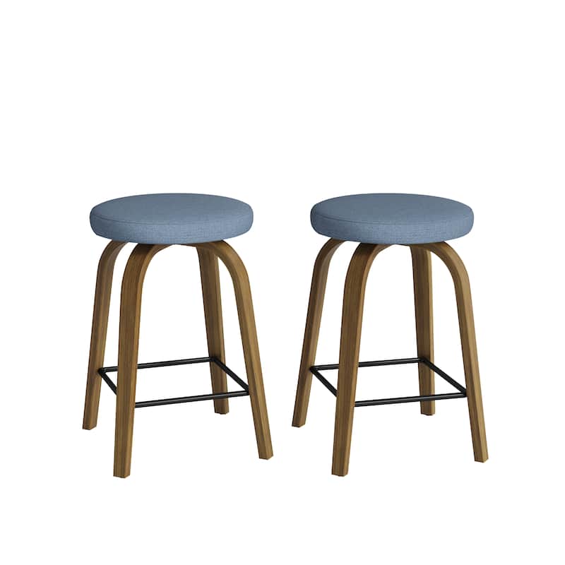 Swivel Bar Stools Set of 2, Counter Height Backless 26″Bar Stools, Fabric Upholstered Seat, Sturdy Wood Legs and Metal Footrest