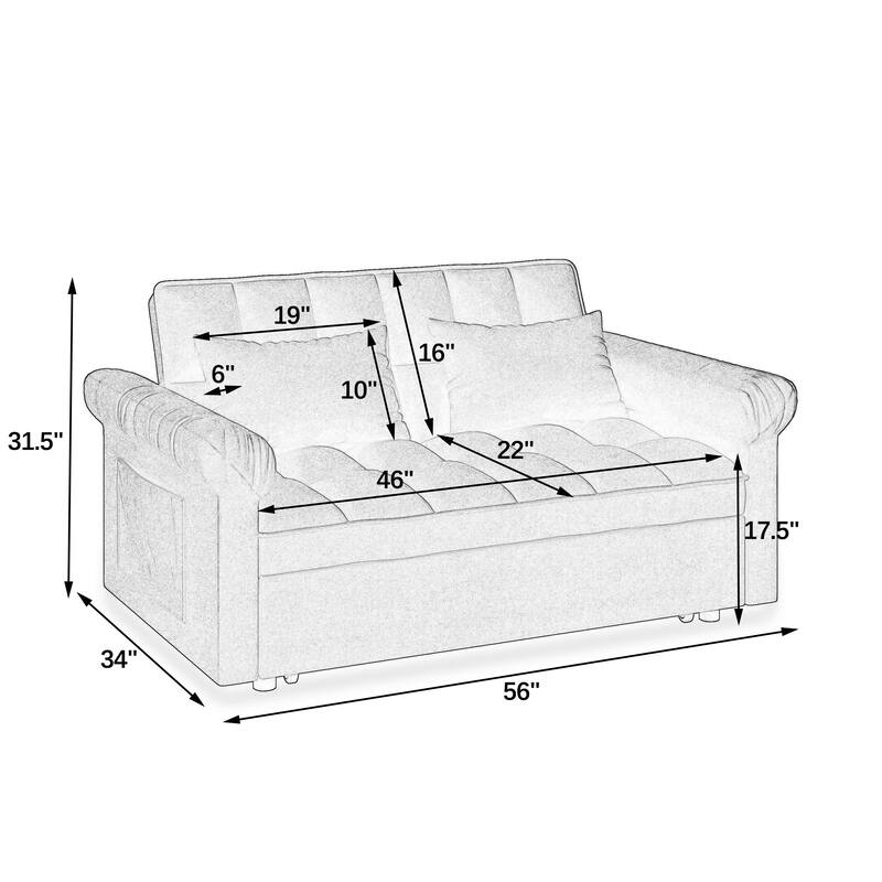 56" Foam 2-Seater Sofa Bed with Pull-Out Sleeper and Adjustable Backrest