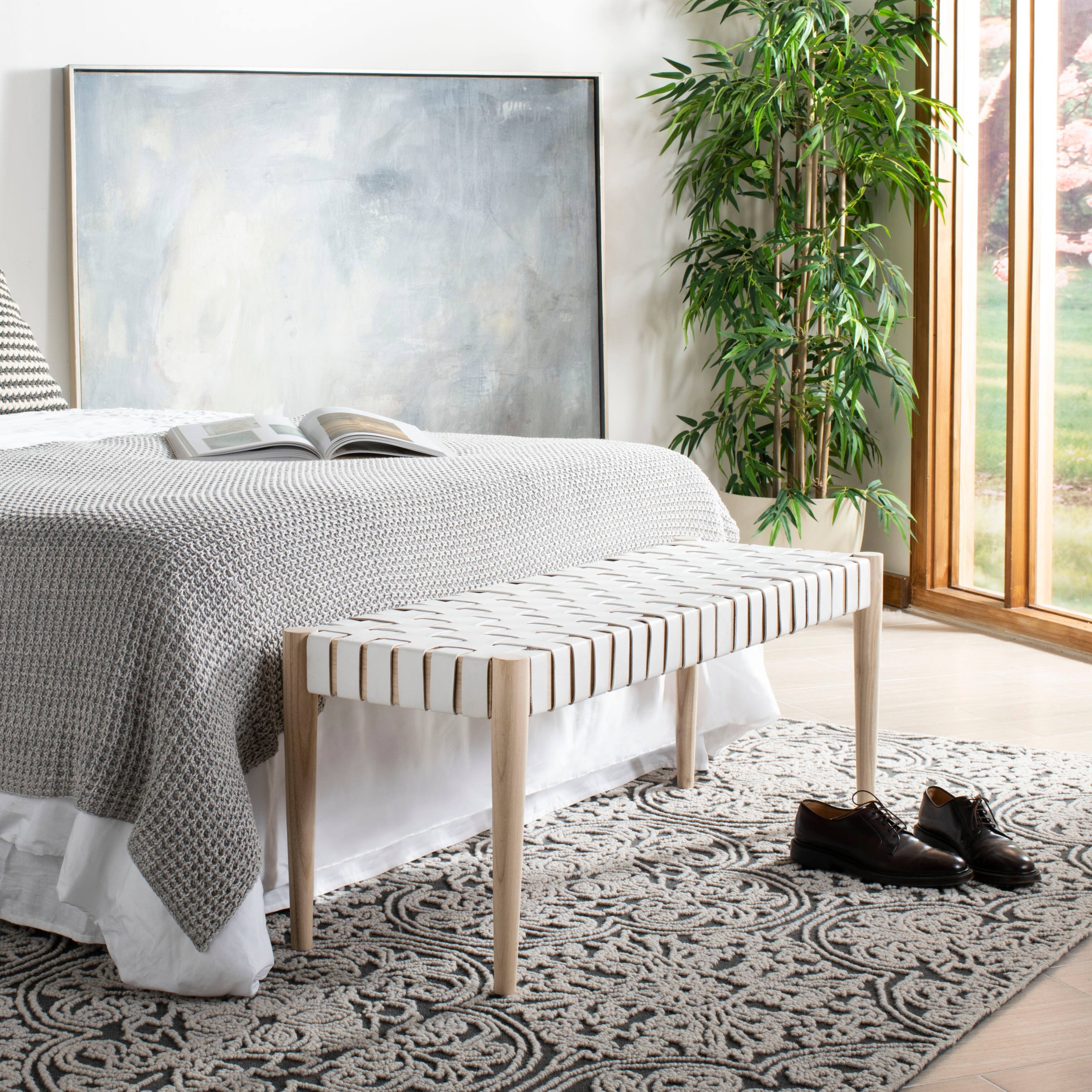 SAFAVIEH Amalia White/Natural Leather Woven Bench. - On Sale - Bed Bath ...