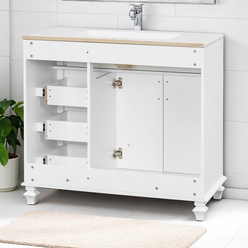 36" Bathroom Vanity with Sink, Freestanding White Cabinet with Gold Hardware, Ceramic Top, Flip Drawer, Soft-Close Doors