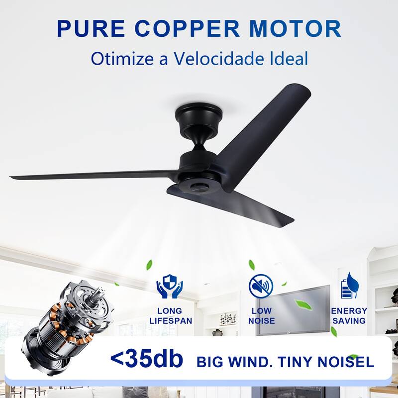 52"Flush Mount & Rod ABS 3 Blades Ceiling Fan with Remote Control No Lights, Modern Reversible DC Motor 3 Blades Ceiling Fans