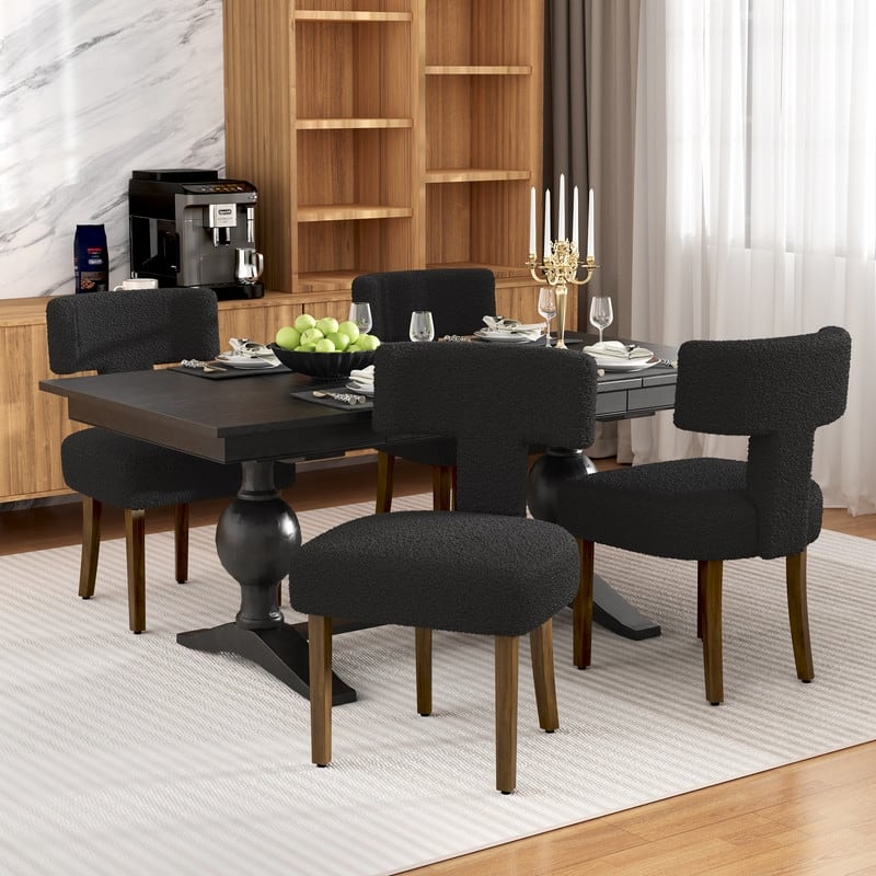 Dining Chairs Boucle Fabric Lamb Upholstered T-Shape (Set of 4)