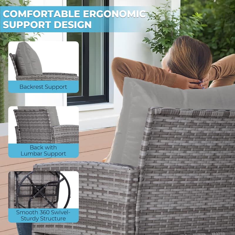 3-Piece Outdoor Swivel Chair Patio Set, 360°PE Rattan Chairs with Cushions, Glass Coffee Table