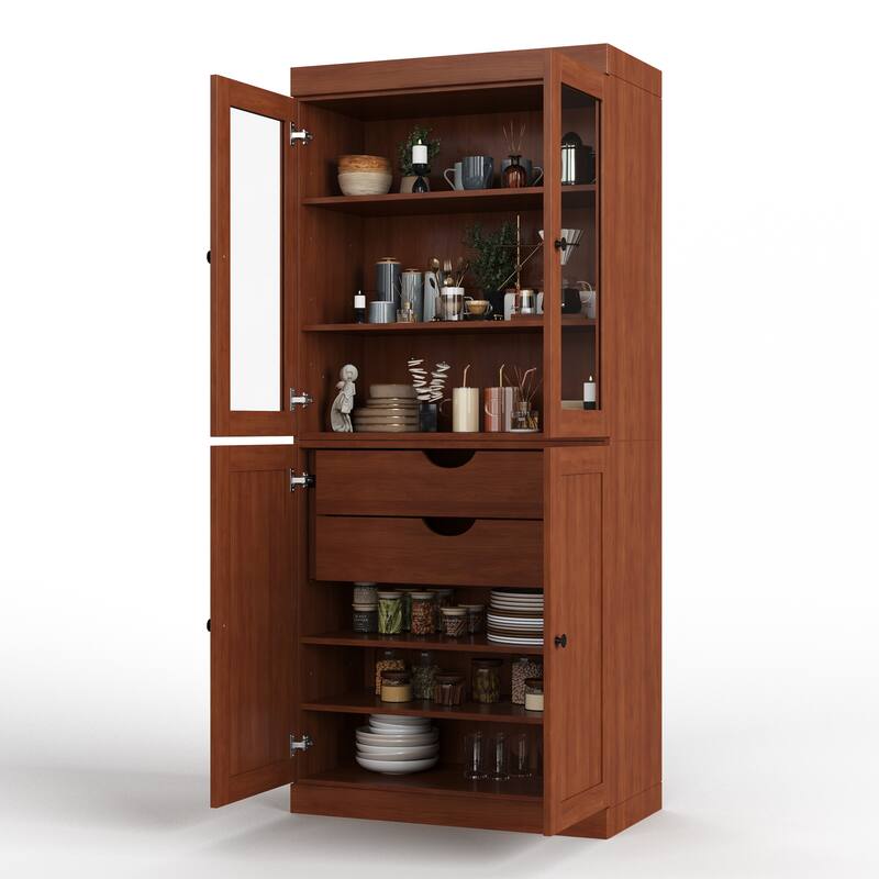 Palace Imports 100% Solid Wood Pantry Cabinet, Shaker & Clear Glass Doors, 2 Drawers, Adjustable Shelves, 32" Wide, 71.5" Tall
