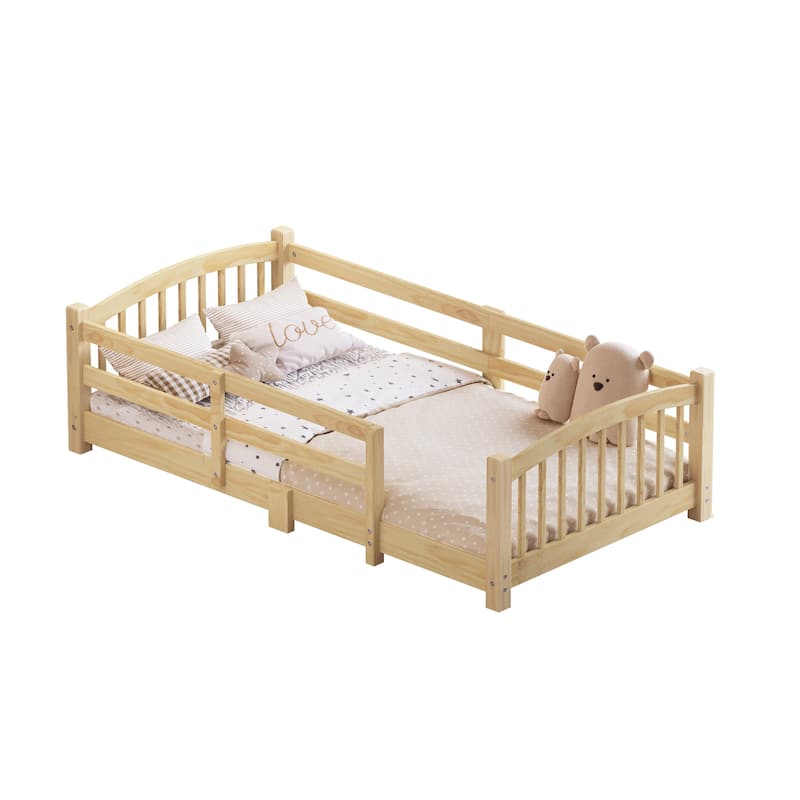 Solid Wood Floor Bed Montessori Bed with Safety Guardrails Without Door