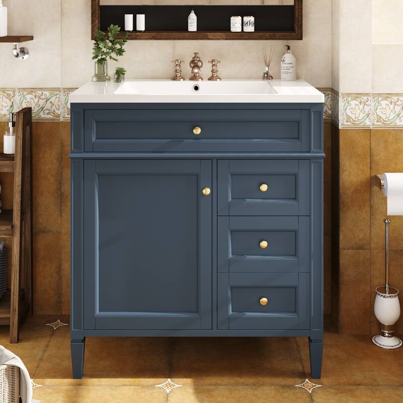 30'' Bathroom Vanity with Top Sink, Modern Bathroom Storage Cabinet with 2 Drawers, a Tip-out Drawer and Adjustable Shelf