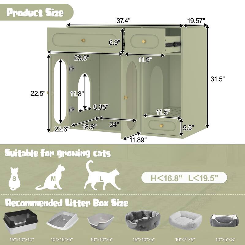 Cat Litter Box Enclosure with LED Light, Hidden Litter Box Furniture with Storage Drawers, Indoor Pet House with Acrylic Doors