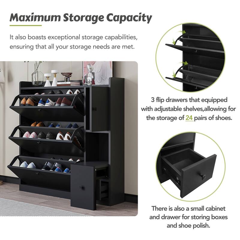 Modern Shoe Cabinet with Pull-Down Seat & 3 Flip Drawers, Freestanding Entryway Storage