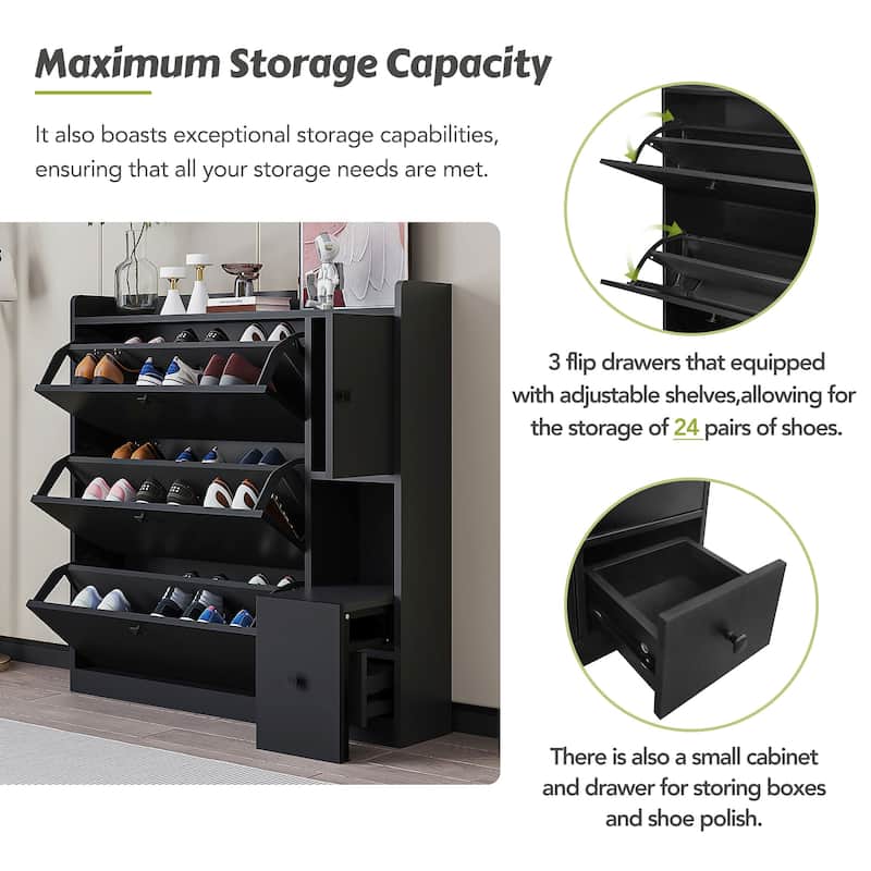 Versatile Shoe Cabinet with 3 Flip Drawers and Pull-down Seat