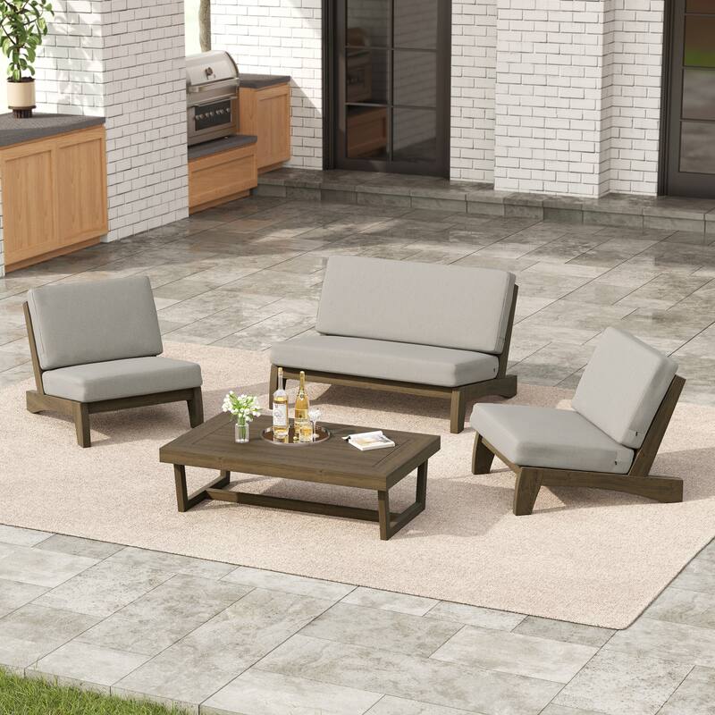 4 Set Outdoor Patio Teak Wood Club Chairs Loveseat with Coffee Table