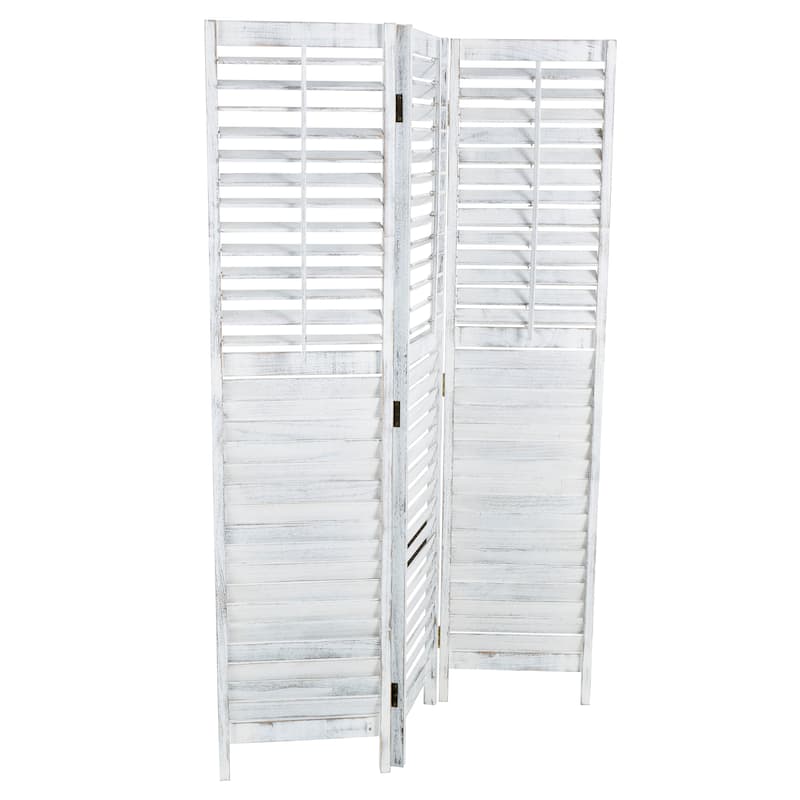 Wood Washed Shutter Top 3 Panel Room Divider Screen with Gray Distressing - White - Roche River Decor - 1"W x 47"L x 67"H
