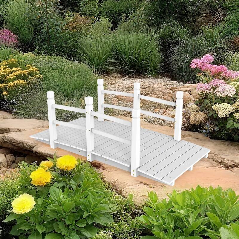 White Wooden Garden Bridge with Handrails - Durable & Weather-Resistant Outdoor Decorative Footbridge