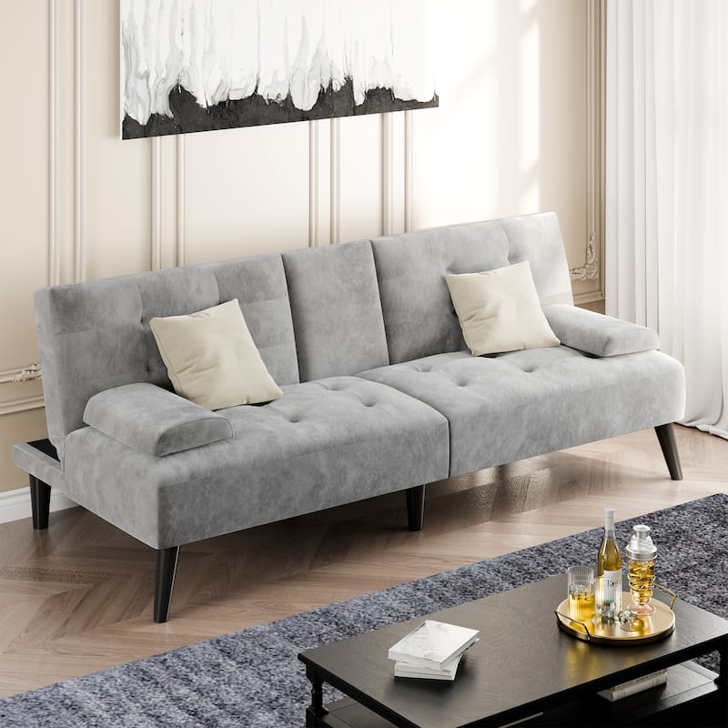 3-in-1 Convertible Sofa Bed with Folding Cup Holders & Adjustable Backrest – Modern Futon with Removable Armrests - Light Grey