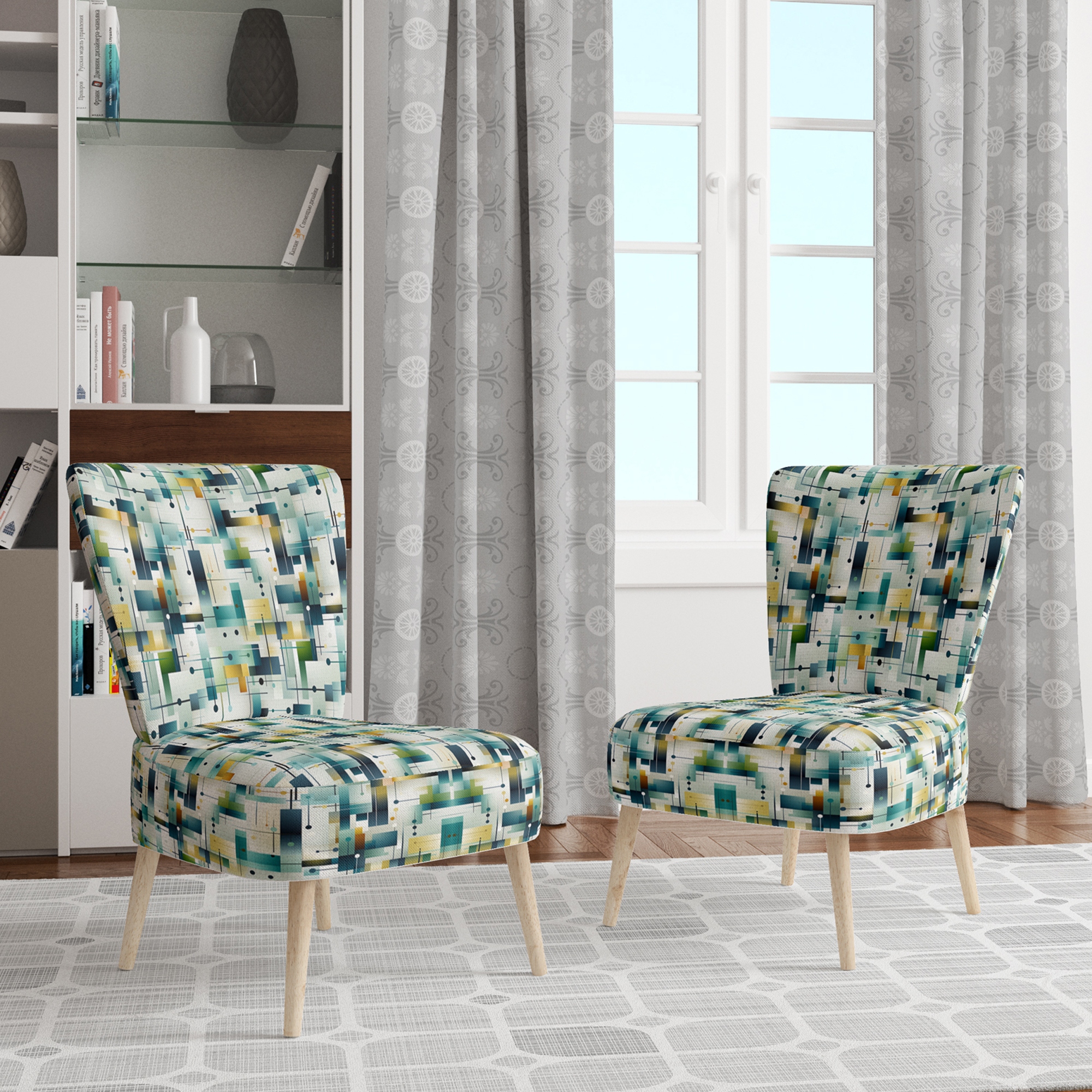 Designart Green Cubic Oasis Geometric Upholstered Geometric Accent Chair Modern Side Chair in Multiple Color Pattern Green Yellow
