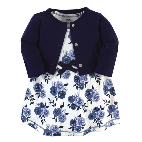 slide 1 of 1, Touched by Nature Baby and Baby Girl Organic Cotton Dress and Cardigan 2pc Set, Navy Floral 0-3 Months - Navy Floral