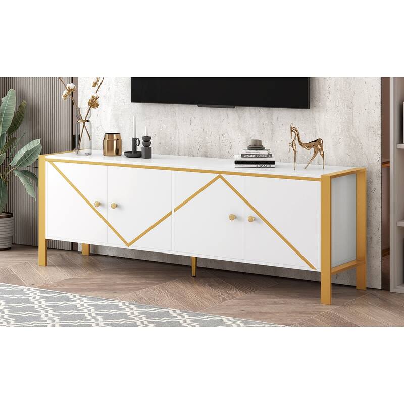 Roomfitters Minimalist TV Stand for up to 75 Inch TV, Entertainment Console Cabinet with 2 Spacious Storage Compartments, White