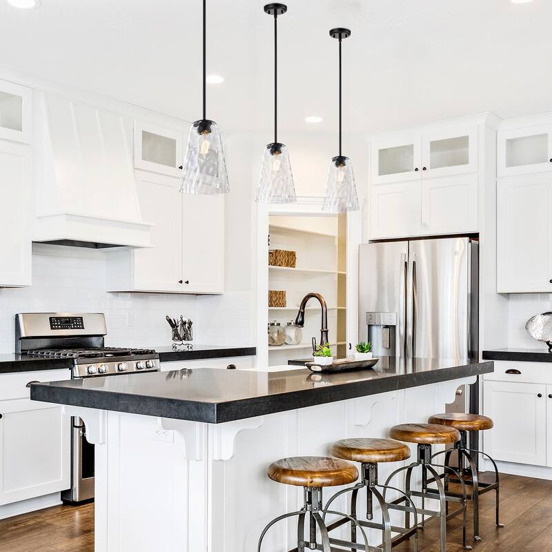 Matte Black 1-Light 8 in. Modern Mini Pendant with Hammered Glass Shade