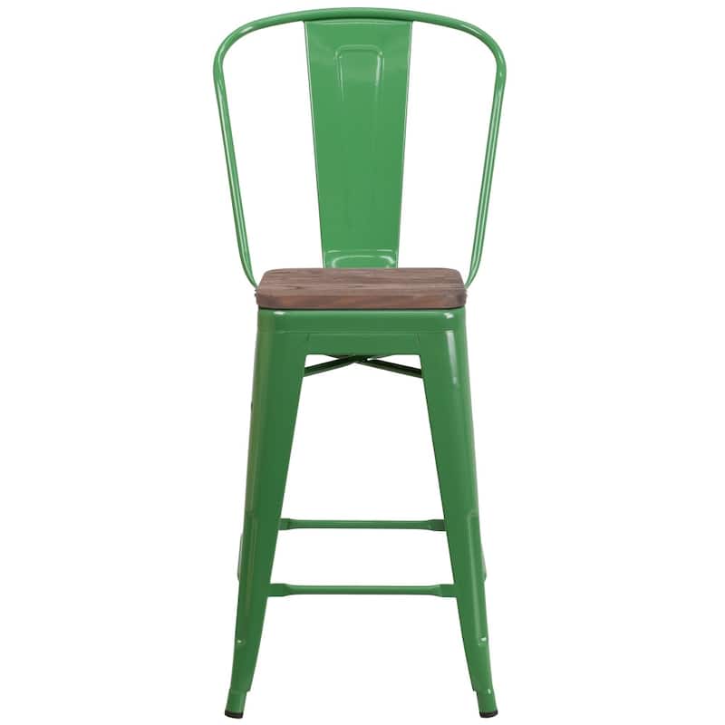 4 Pack 24" High Metal Counter Height Stool with Back and Wood Seat - 17.75"W x 20"D x 39.25"H