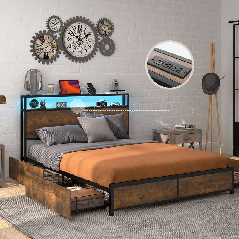 Gymax Full/Queen Industrial Platform Bed Frame with Storage Drawers &