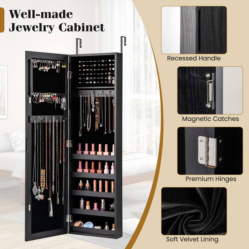 Wall Mounted or Door Hanging Jewelry Cabinet with Full Length Mirror and Large Storage Organizer Black - 12.5” x 3.7” x 42”