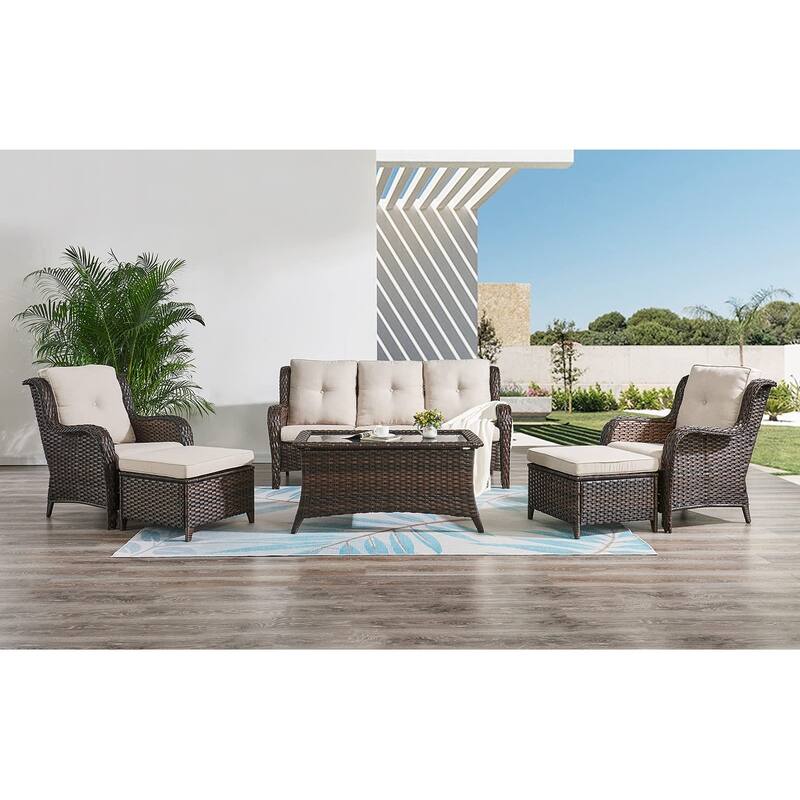 Pocassy 6 Piece Outdoor Wicker Conversation Sofa Set - Brown/Beige